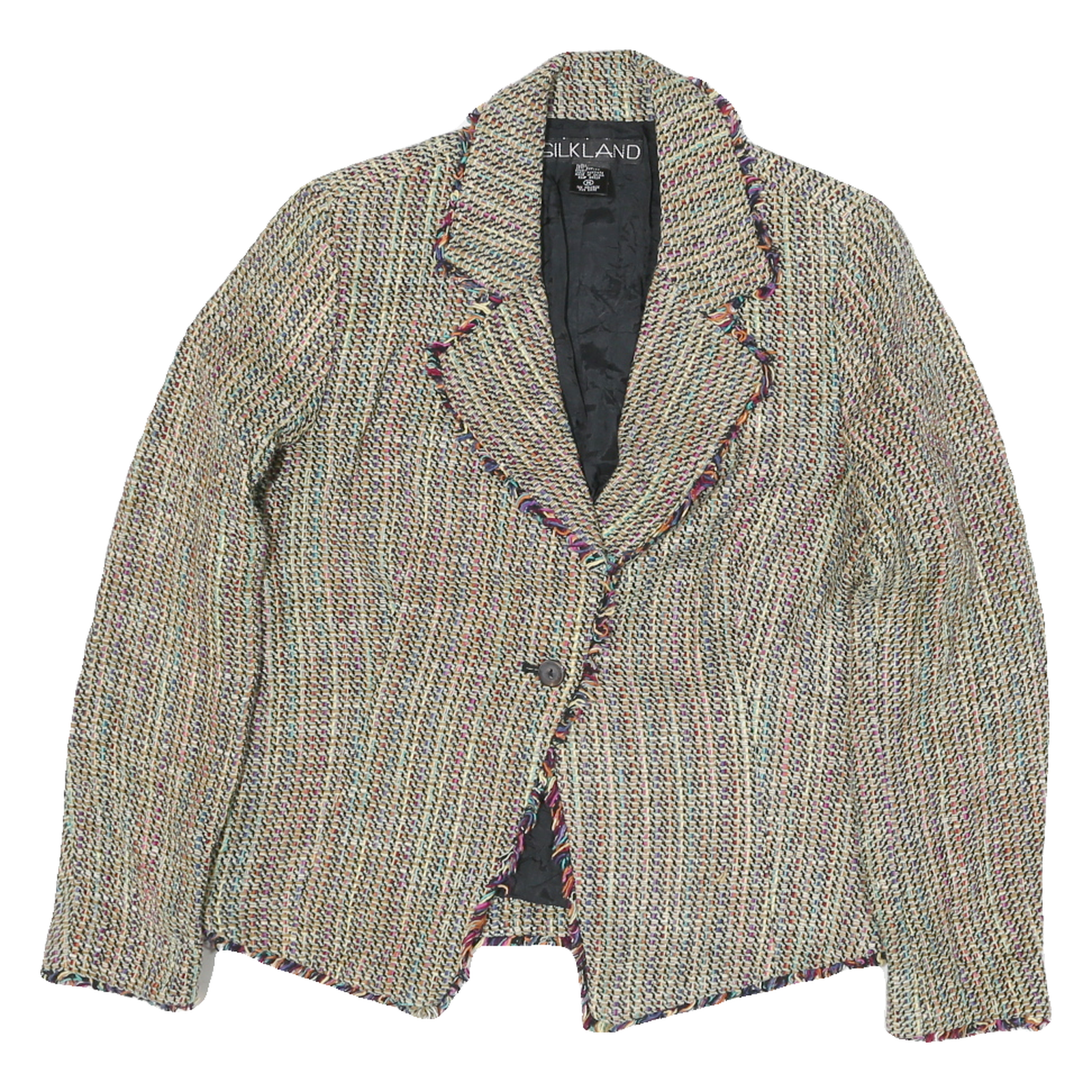 SILKLAND Womens Beige Multicolour Button Jacket M Silk Tweed Frayed Edges Refurbished - N/A refurbished available on Cerqular