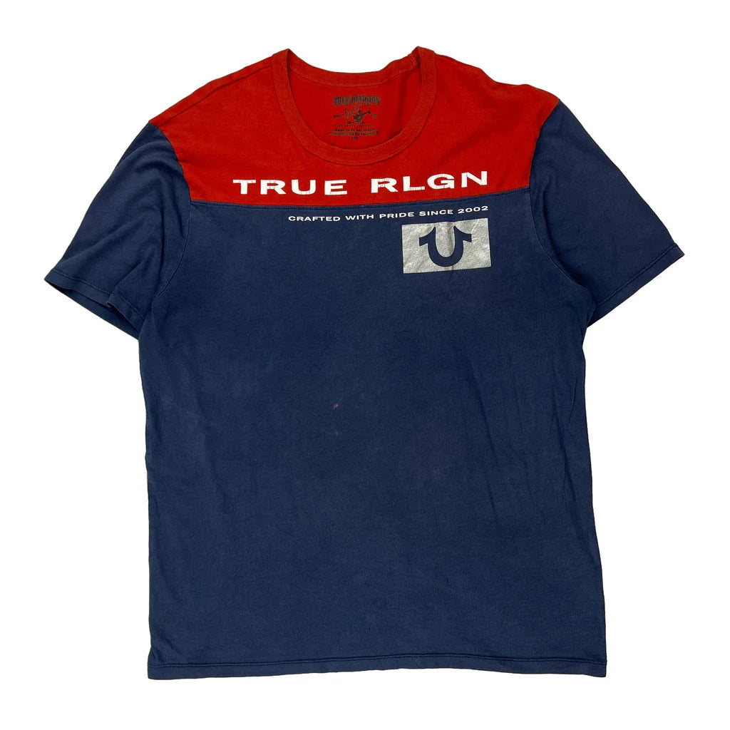 Buy True Religion Spellout T-Shirt - Large Blue Cotton Refurbished - $31.88 True Religion Spellout T-Shirt - Large Blue Cotton Refurbished - Thrifted (note: this is a term often used to describe second- refurbished available on Cerqular