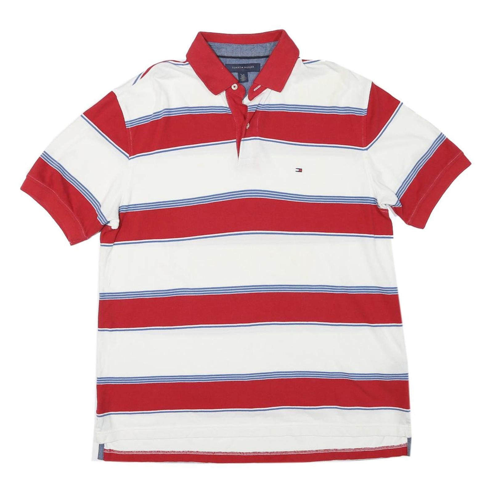 TOMMY HILFIGER Mens Red & White Striped Short Sleeve Polo Shirt L Cotton Blend Refurbished - N/A refurbished available on Cerqular