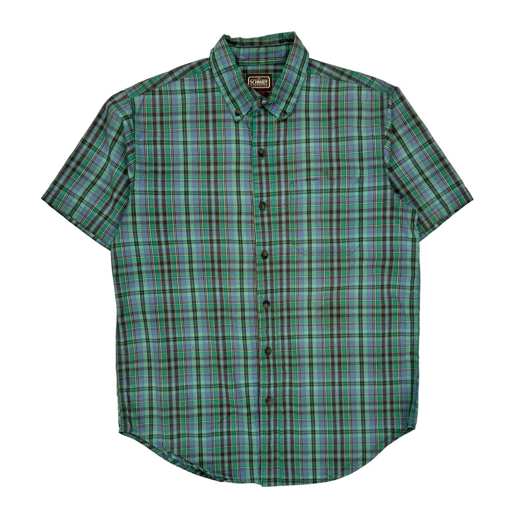 Buy Schmidt Checked Short Sleeve Shirt - Medium Blue Cotton Refurbished - $33.49 Schmidt Checked Short Sleeve Shirt - Medium Blue Cotton Refurbished - Thrifted (note: this is a term often used to describe second- refurbished available on Cerqular