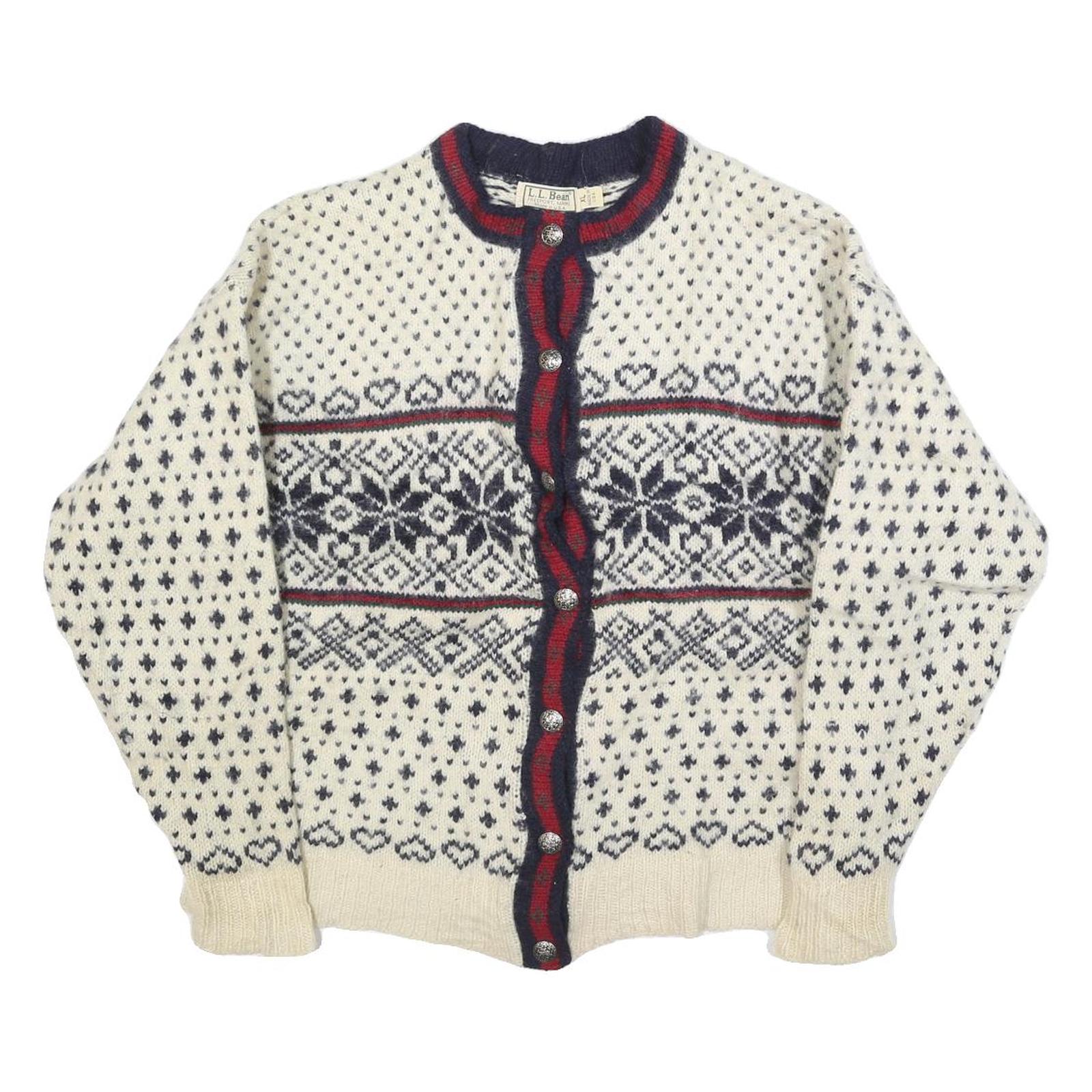 LL BEAN Womens Cream Navy & Red Patterned Wool Button Up Chunky Knit XL Winter Refurbished - N/A refurbished available on Cerqular