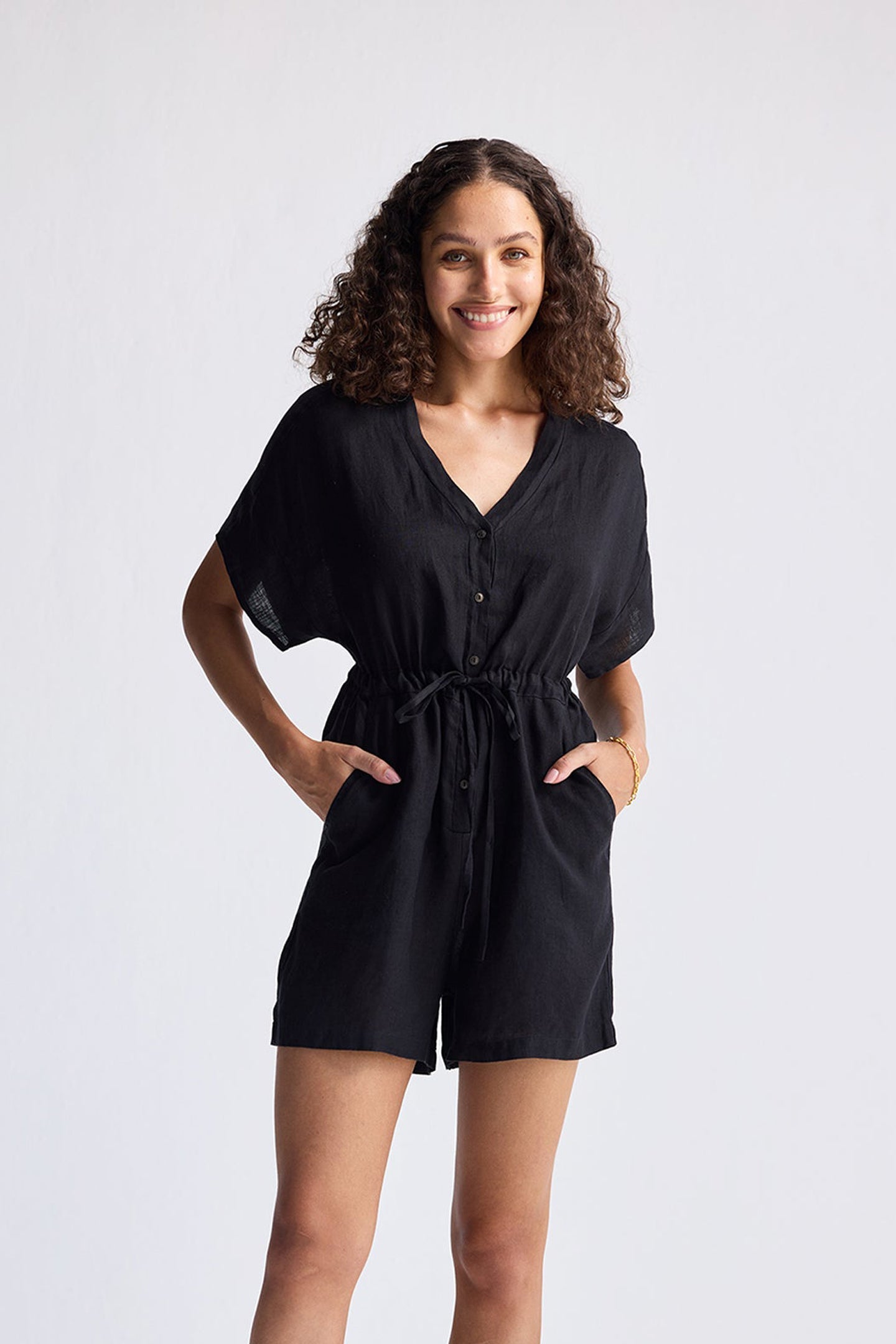 V neck Drawstring Romper in Black | Color: Black | Size: L Refurbished - Resistor (Note: This is a generic term for an electronic component, refurbished available on Cerqular