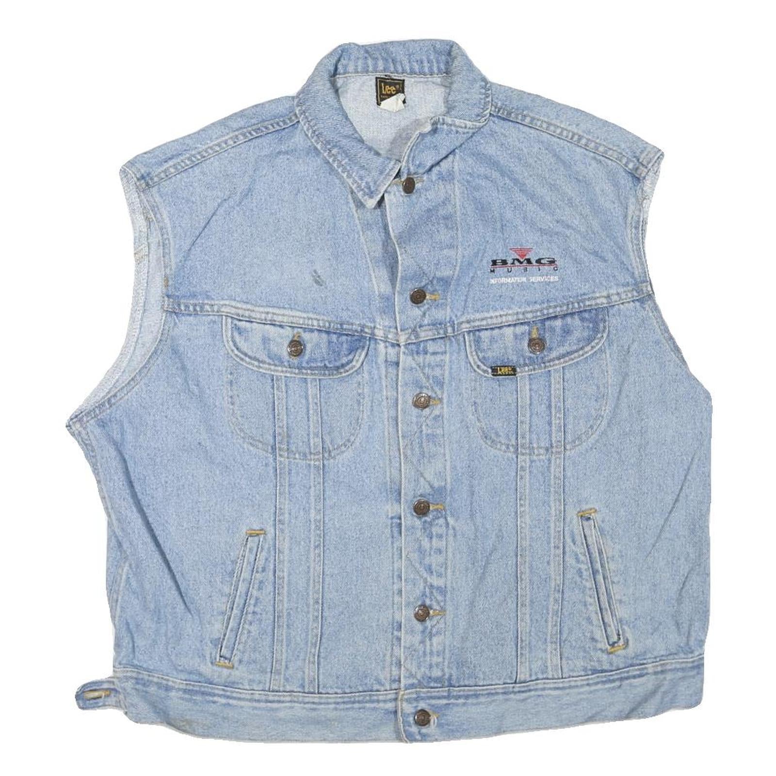 LEE Mens Blue Denim Sleeveless Button Jacket XL Cotton Blend BMG Music Logo Refurbished - N/A refurbished available on Cerqular