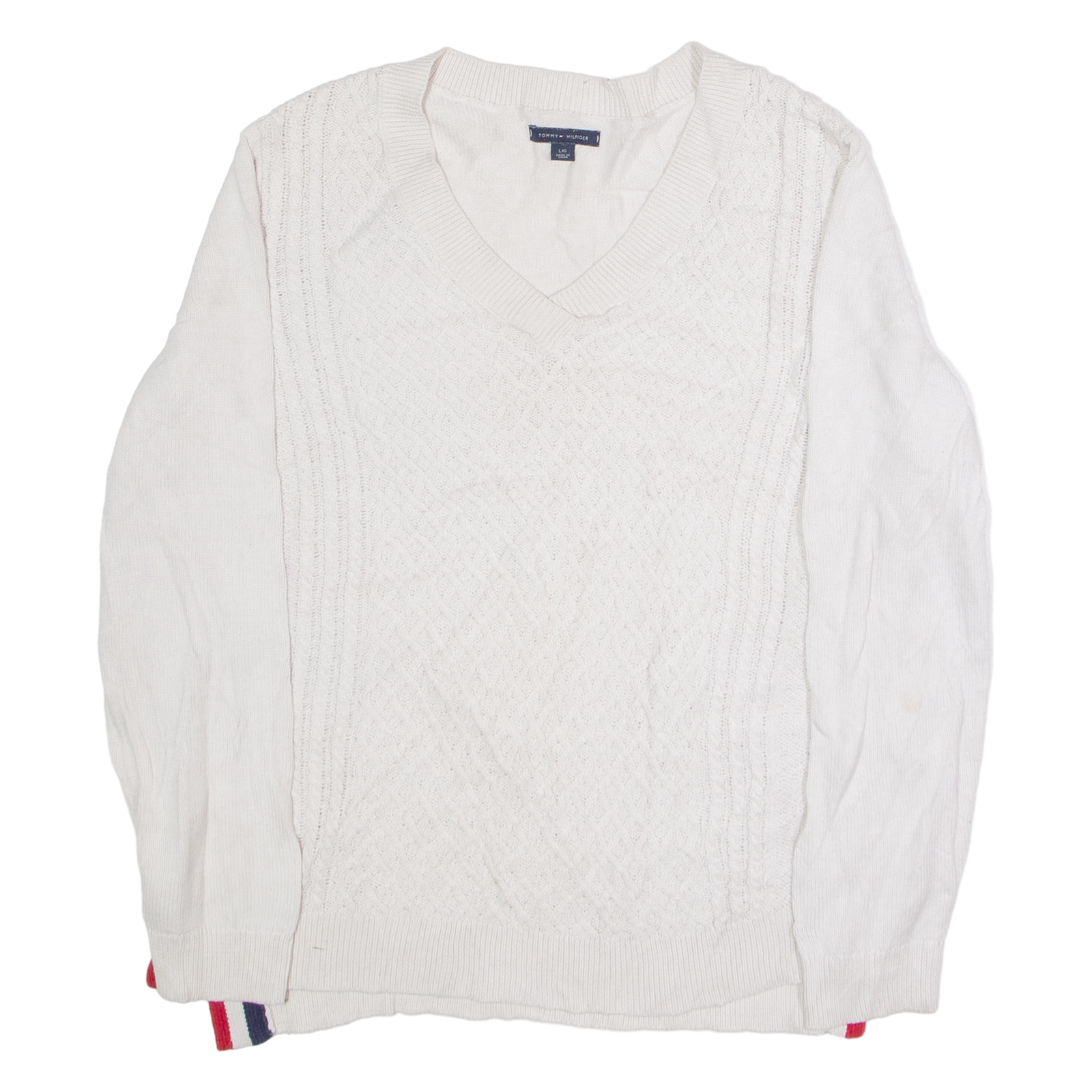 TOMMY HILFIGER Womens Jumper White Crew Neck Cable Knit L Refurbished - N/A refurbished available on Cerqular