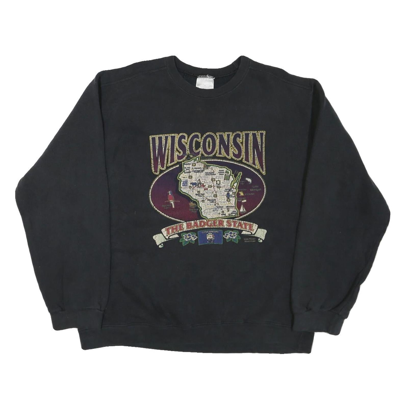 Buy Mens Black Sweatshirt Wisconsin Map The Badger State Crew Neck L Regional Print Refurbished - $25.99 Mens Black Sweatshirt Wisconsin Map The Badger State Crew Neck L Regional Print Refurbished - N/A refurbished available on Cerqular