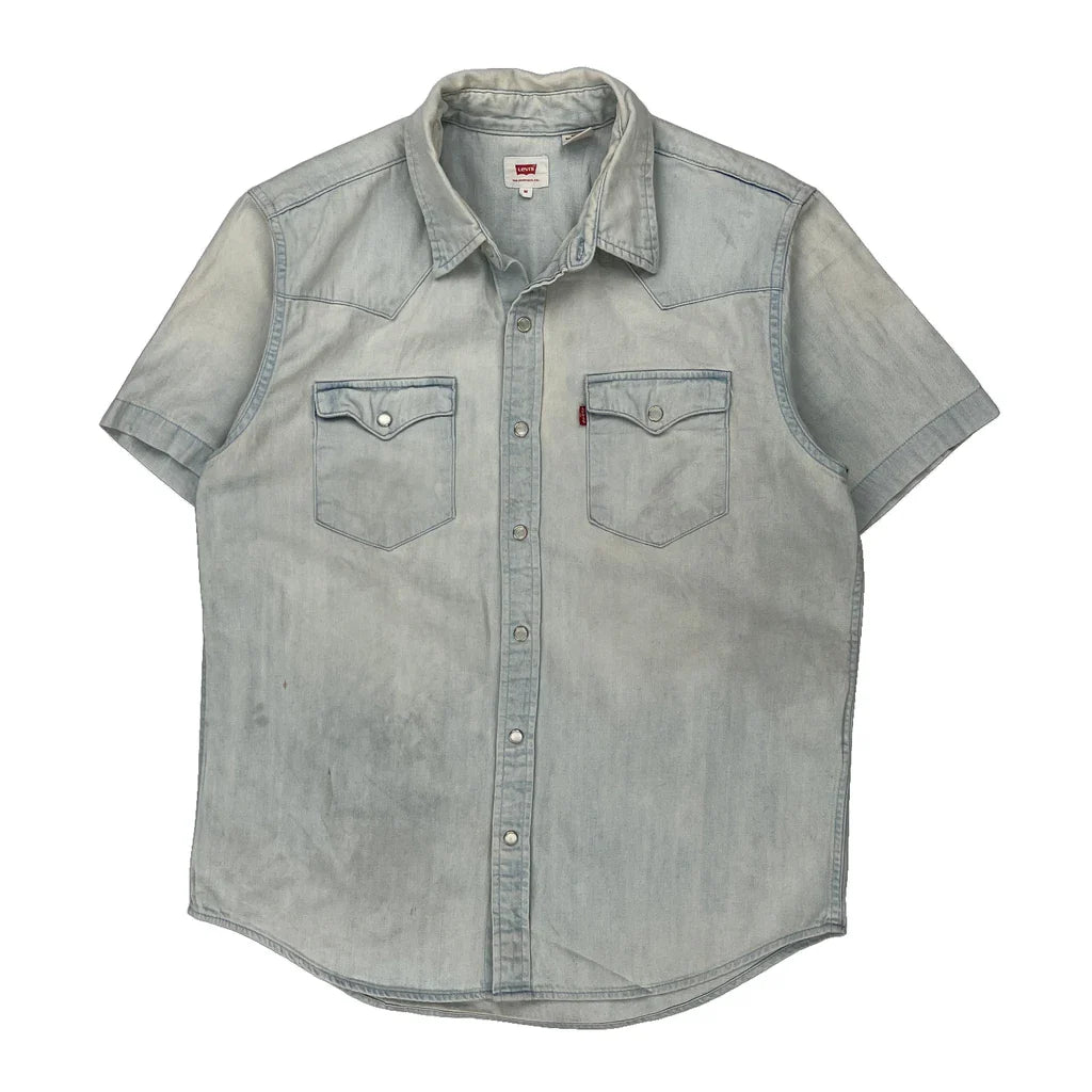 Levis Denim Shirt - Medium Light Wash Cotton Refurbished - Thrifted (note: this is a term often used to describe second- refurbished available on Cerqular