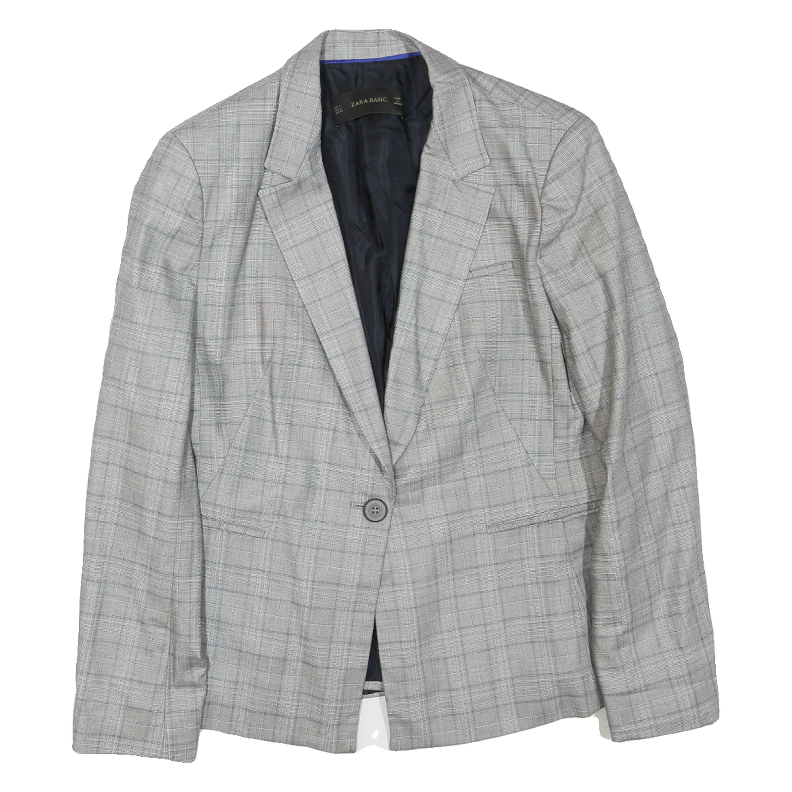 ZARA Womens Grey Checked Blazer Jacket L Cotton Blend Button Closure Classic Fit Refurbished - N/A refurbished available on Cerqular