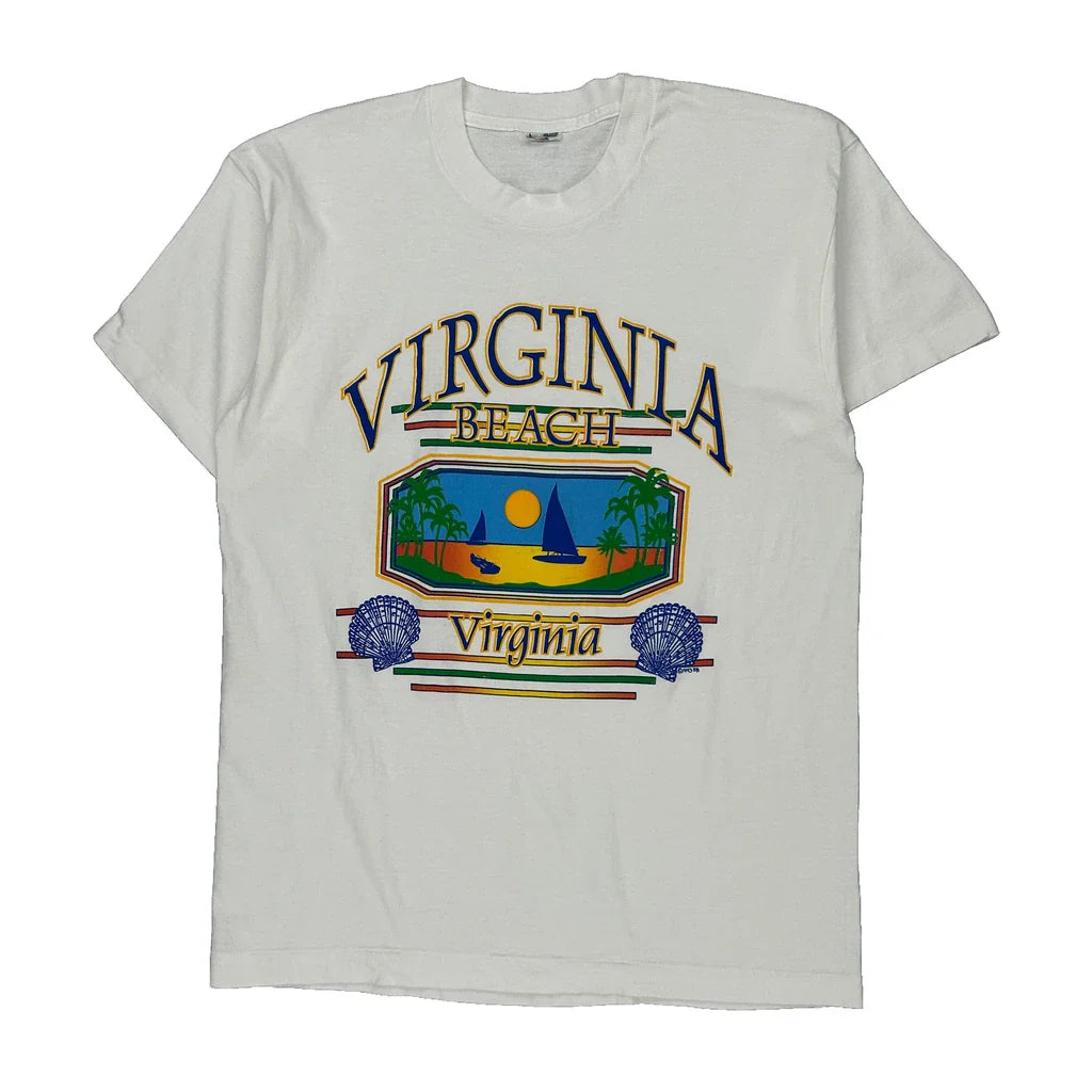 Virginia Beach Fruit Of The Loom Graphic T-Shirt - Large White Cotton Refurbished - Thrifted (note: this is a term often used to describe second- refurbished available on Cerqular