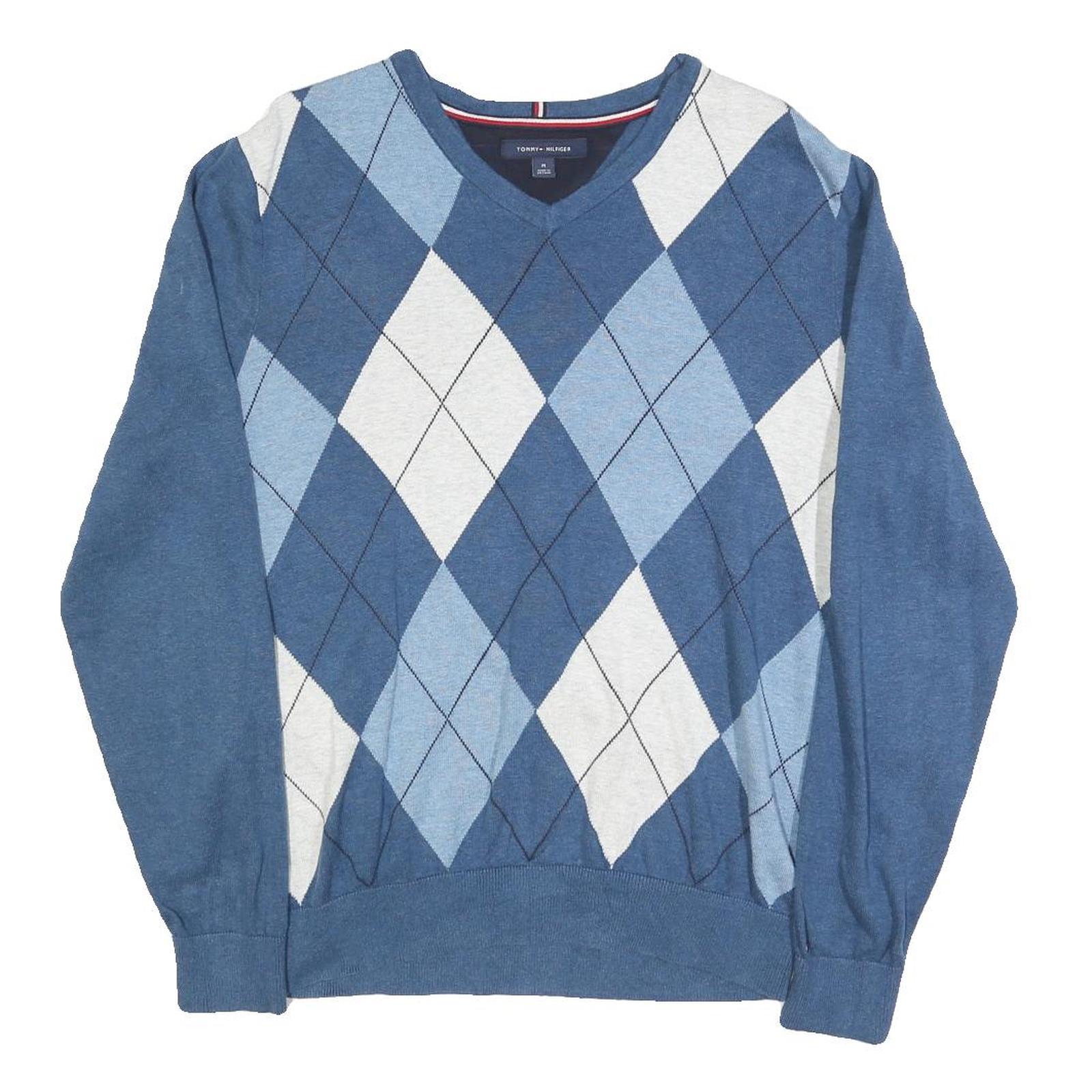 TOMMY HILFIGER Mens Blue & White Argyle Patterned Cotton Jumper V-Neck M Refurbished - N/A refurbished available on Cerqular