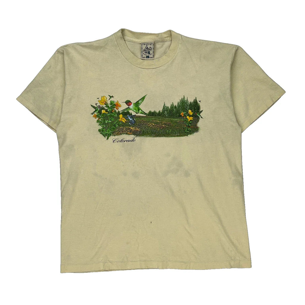 Nature Scene Colorado Single Stitch T-Shirt - Large Cream Cotton Refurbished - Thrifted (note: this is a term often used to describe second- refurbished available on Cerqular