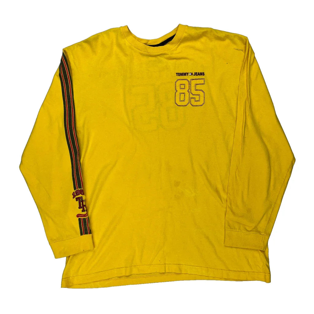 85 Tommy Jeans Graphic Long Sleeve T-Shirt - Large Yellow Cotton Refurbished - Thrifted (note: this is a term often used to describe second- refurbished available on Cerqular