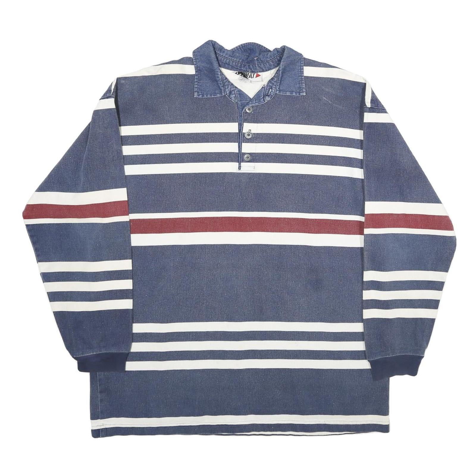 ONEWAY Mens Blue & Red Striped Long Sleeve Polo Shirt L Cotton Casual Refurbished - N/A refurbished available on Cerqular