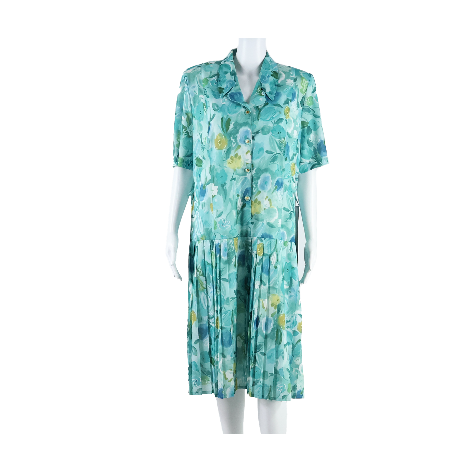 Pleated Lined Womens Shift Dress Green Floral Short Sleeve Long XL Refurbished - N/A refurbished available on Cerqular