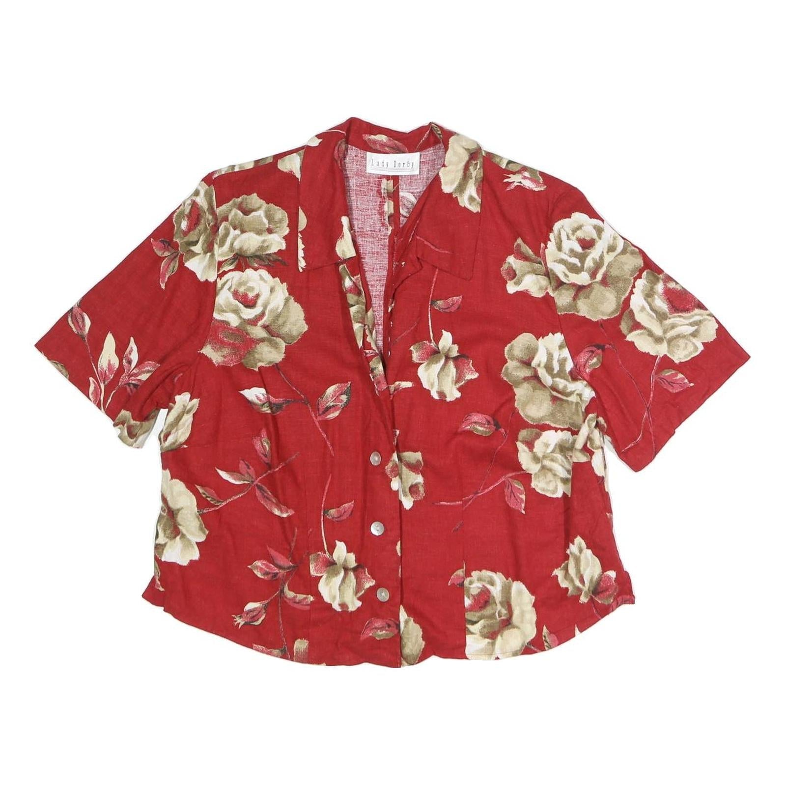 LADY D Womens Red Floral Printed Shirt Short Sleeve Collar L Summer Casual Refurbished - N/A refurbished available on Cerqular