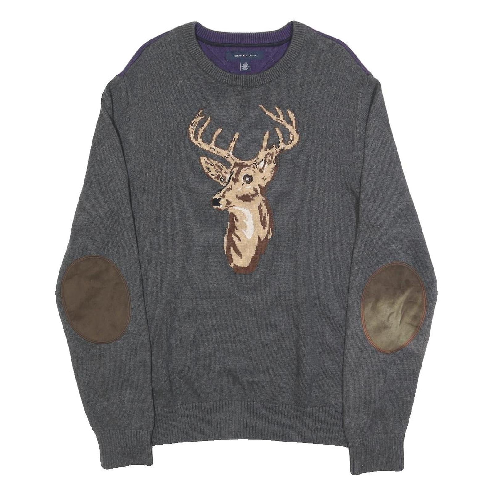 TOMMY HILFIGER Mens Grey & Purple Deer Pattern Cotton Jumper Crew Neck Basic Refurbished - N/A refurbished available on Cerqular