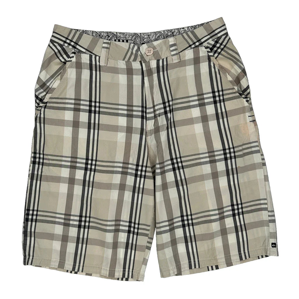 Quiksilver Checked Shorts - 30W 10L White Cotton Refurbished - Thrifted (note: this is a term often used to describe second- refurbished available on Cerqular