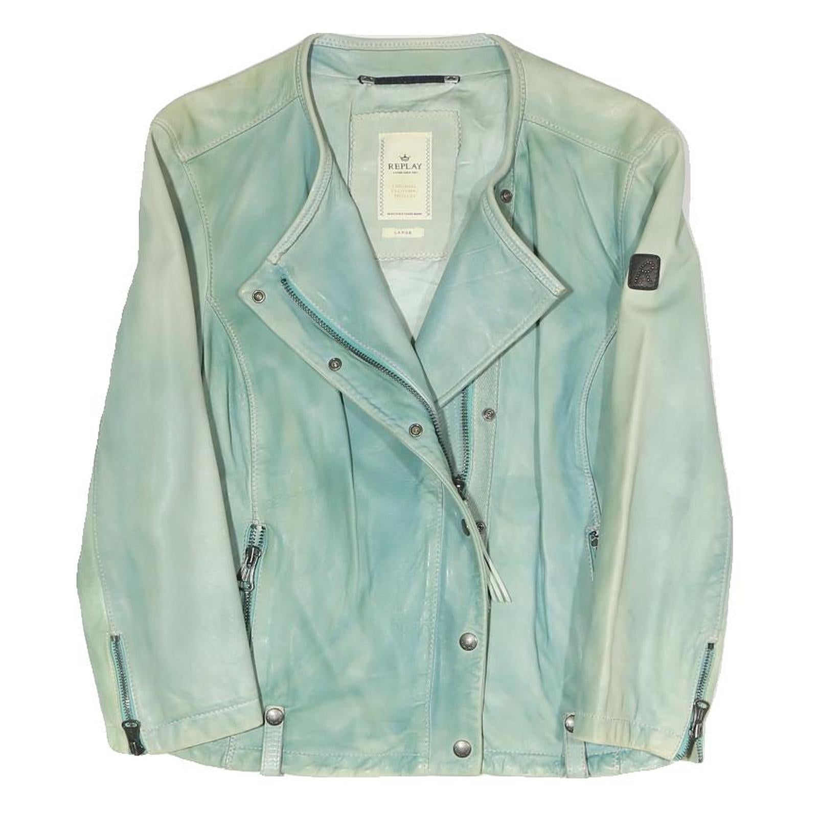 REPLAY Womens Blue Leather Biker Jacket L Zip Fastening Stylish Casual Refurbished - N/A refurbished available on Cerqular