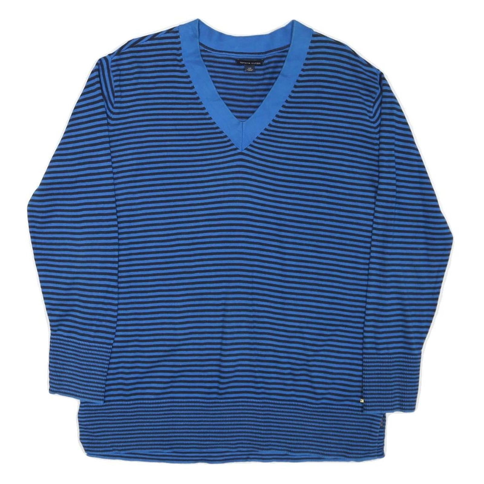 TOMMY HILFIGER Womens Blue & Black Patterned Jumper V-Neck Basic Knit L Cotton Refurbished - N/A refurbished available on Cerqular