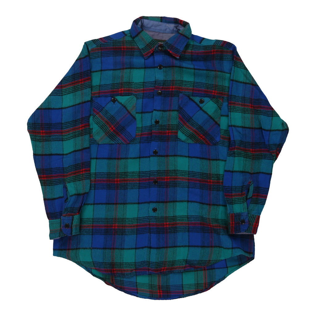 Steel Checked Flannel Shirt - Medium Blue Cotton Refurbished - Thrifted (note: this is a term often used to describe second- refurbished available on Cerqular