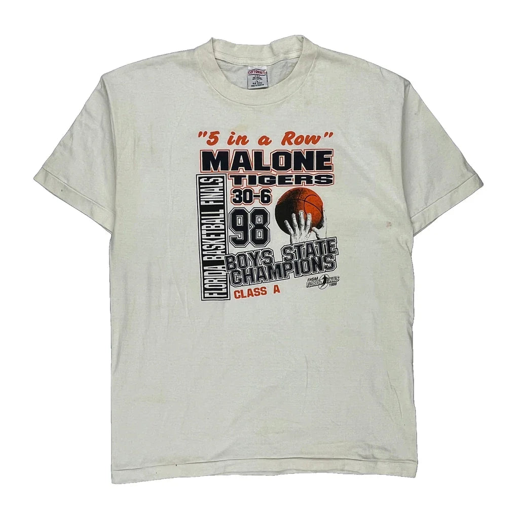 Malone Tigers Cotton Net Single Stitch T-Shirt - Large White Cotton Refurbished - Thrifted (note: this is a term often used to describe second- refurbished available on Cerqular