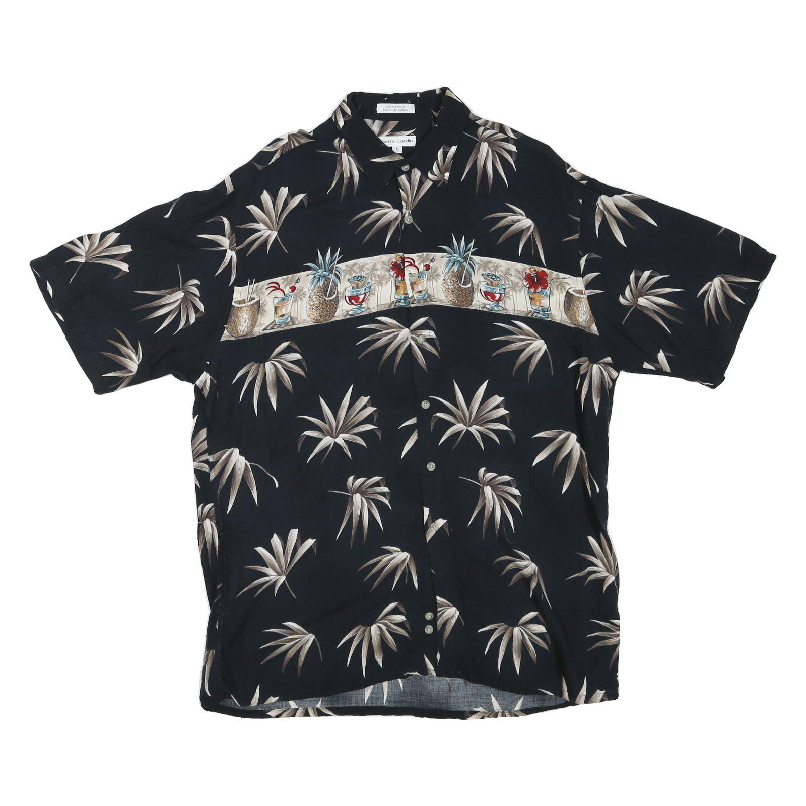 PIERRE CARDIN Mens Black & Beige Hawaiian Shirt L Cotton Blend Short Sleeve Refurbished - N/A refurbished available on Cerqular