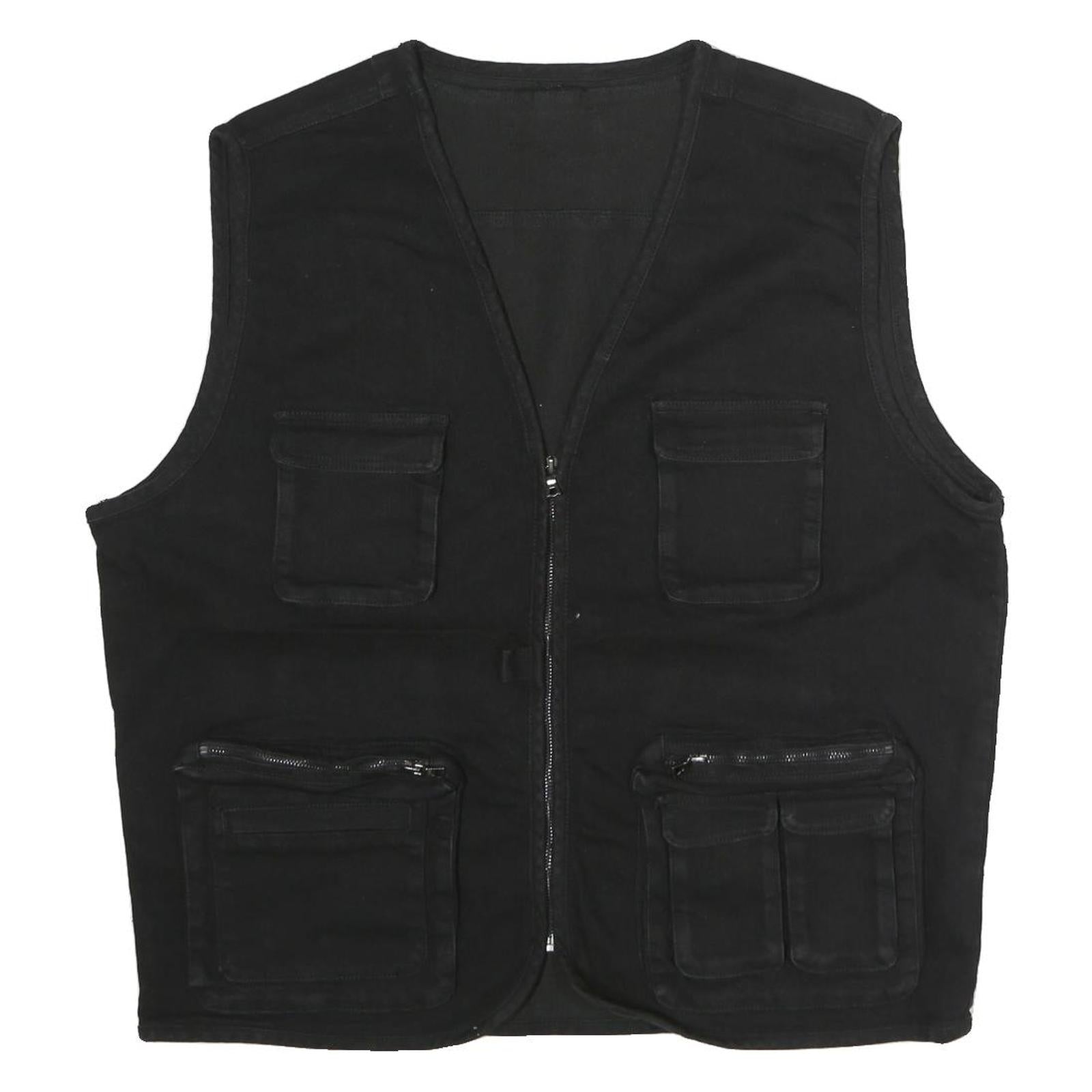 Mens Black Cotton Blend Utility Jacket XL Plain Multi Pocket Zip Vest Refurbished - N/A refurbished available on Cerqular