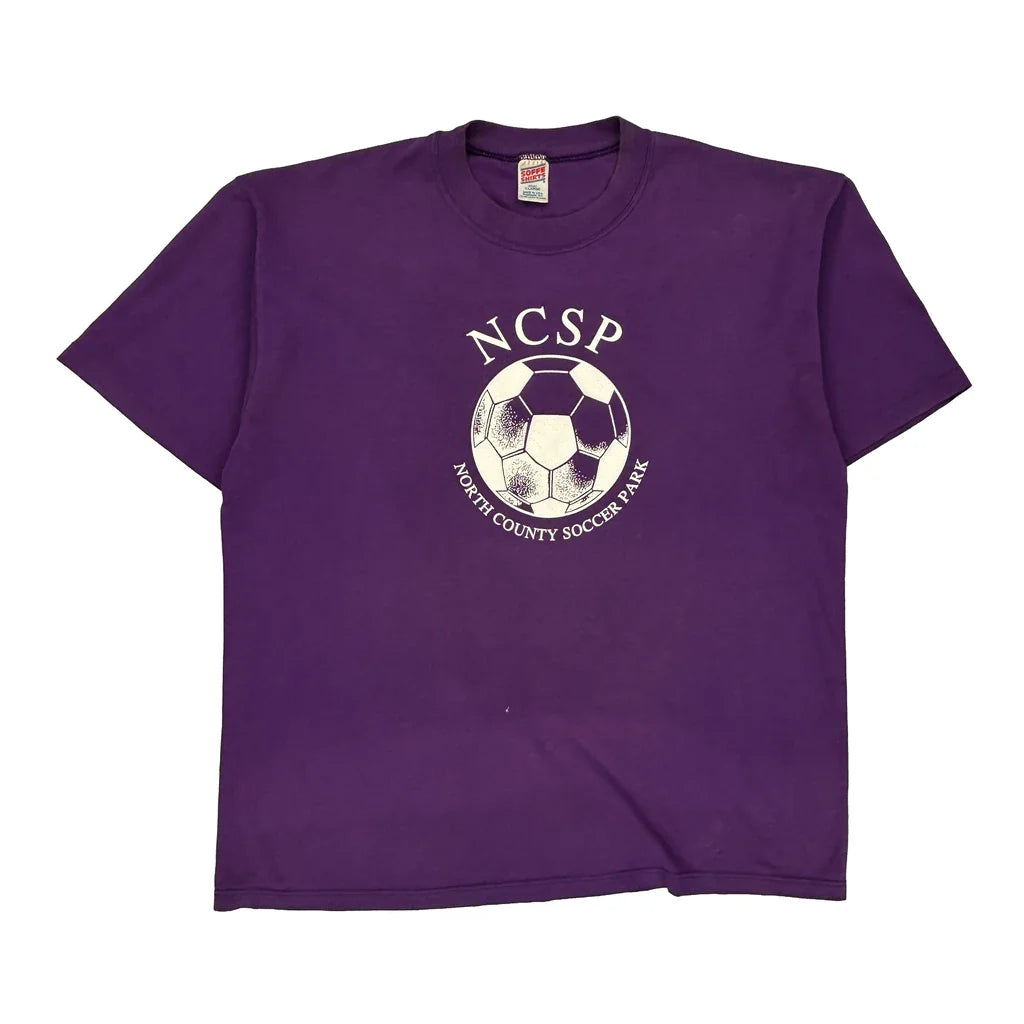 North County Soccer Park Soffe Single Stitch T-Shirt - XL Purple Polyester Blend Refurbished - Thrifted (note: this is a term often used to describe second- refurbished available on Cerqular