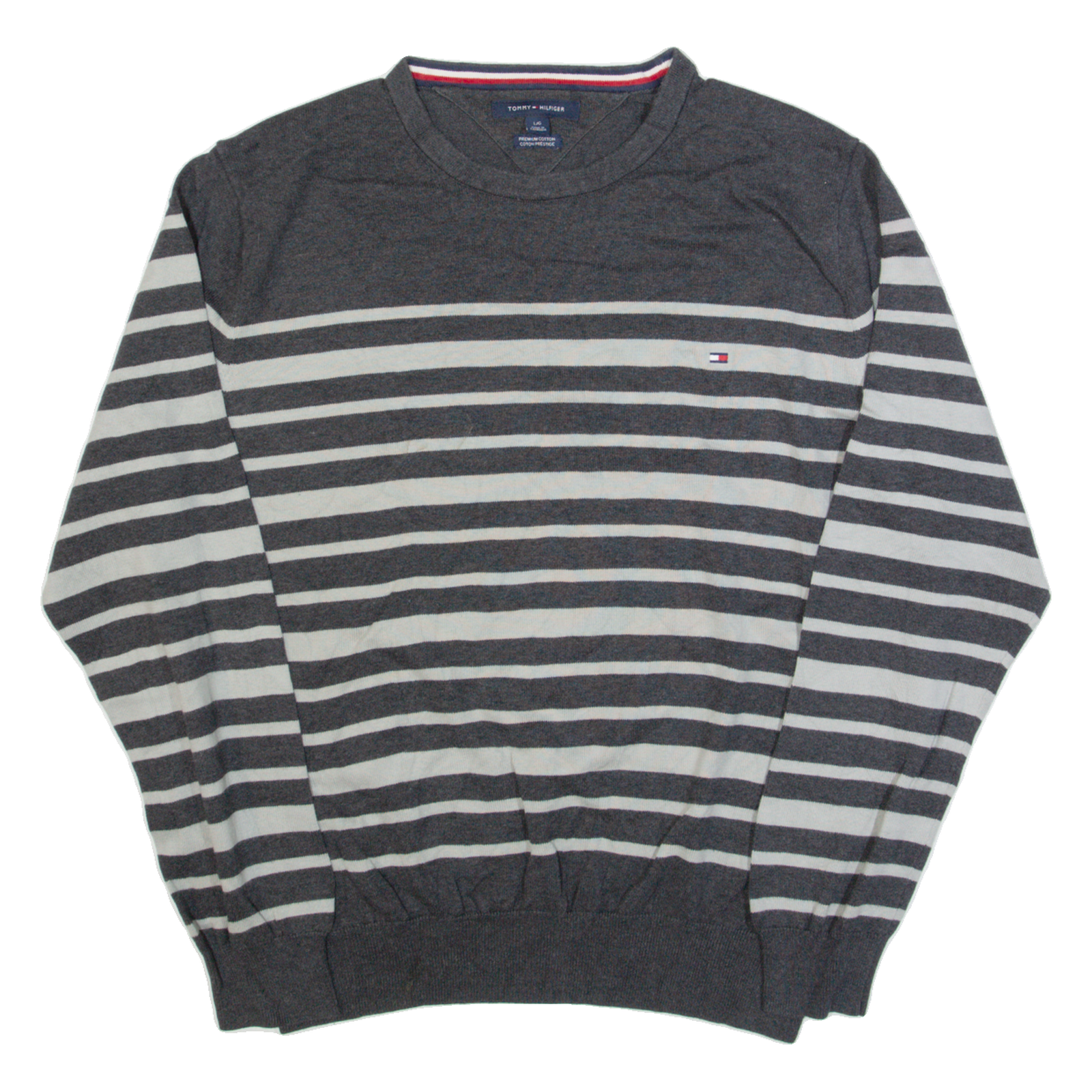 TOMMY HILFIGER Mens Patterned Jumper Grey Striped Tight Knit L Refurbished - N/A refurbished available on Cerqular