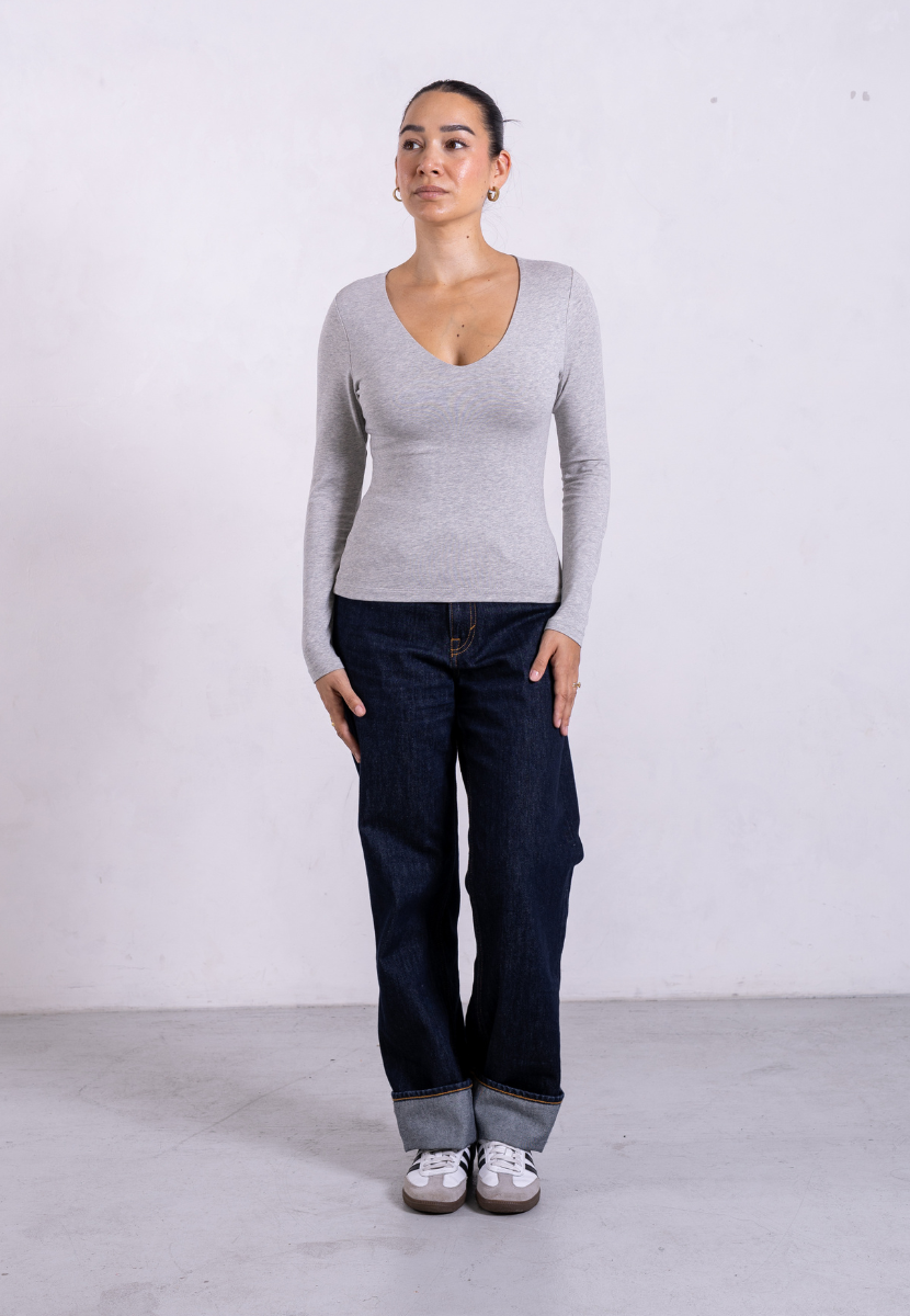 Organic Cotton V-Neck Long Sleeve T-Shirt, Light Grey Marl | Size: XS Refurbished - N/A (Note: It's possible that "Pantee" refurbished available on Cerqular