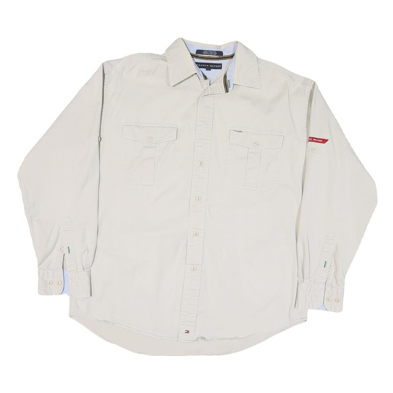 TOMMY HILFIGER Mens Beige Long Sleeve Shirt L Button Pocket Casual Cotton Refurbished - N/A refurbished available on Cerqular