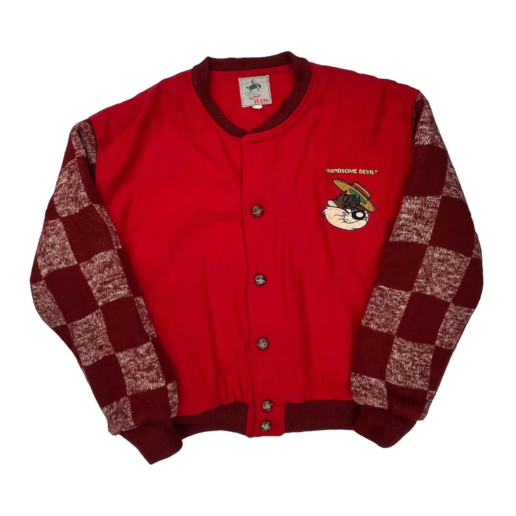 Handsome Devil Looney Tunes Graphic Bomber Jacket - XL Burgundy Cotton Refurbished - Thrifted (note: this is a term often used to describe second- refurbished available on Cerqular