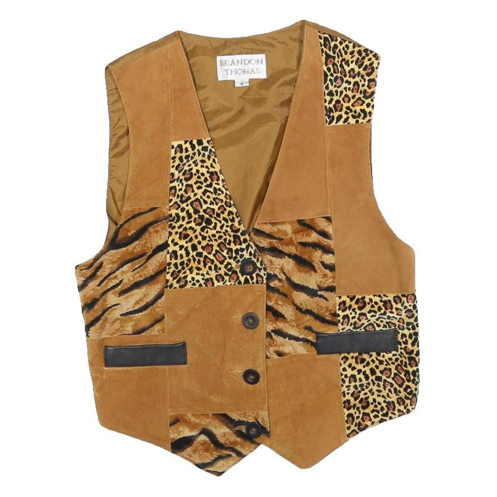 BRANDON THOMAS Womens Beige Suede Animal Print Button Jacket S Patchwork Vest Refurbished - N/A refurbished available on Cerqular