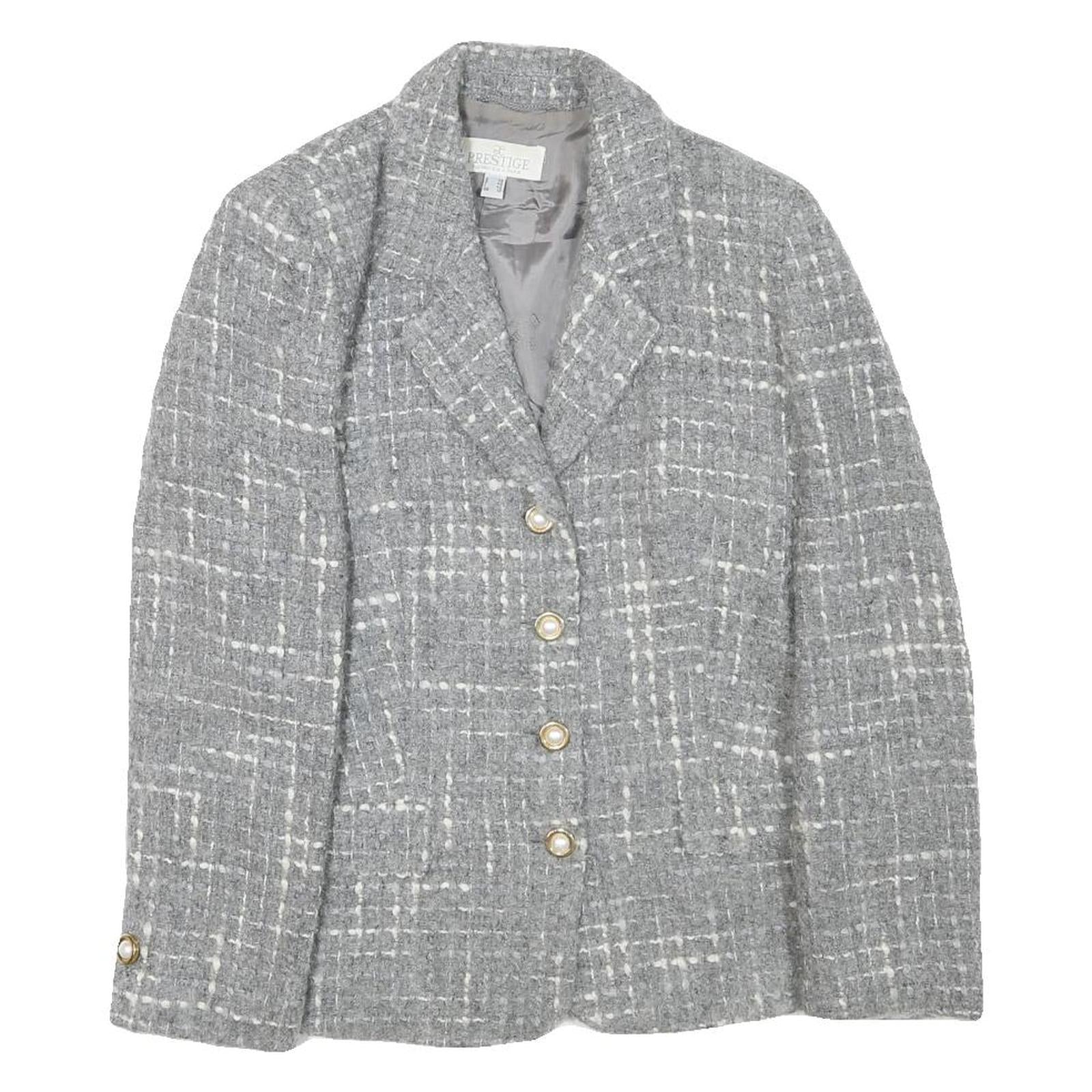 PRESTIGE Womens Grey Wool Blend Button Jacket UK 12 Check Classic Tailored Refurbished - N/A refurbished available on Cerqular
