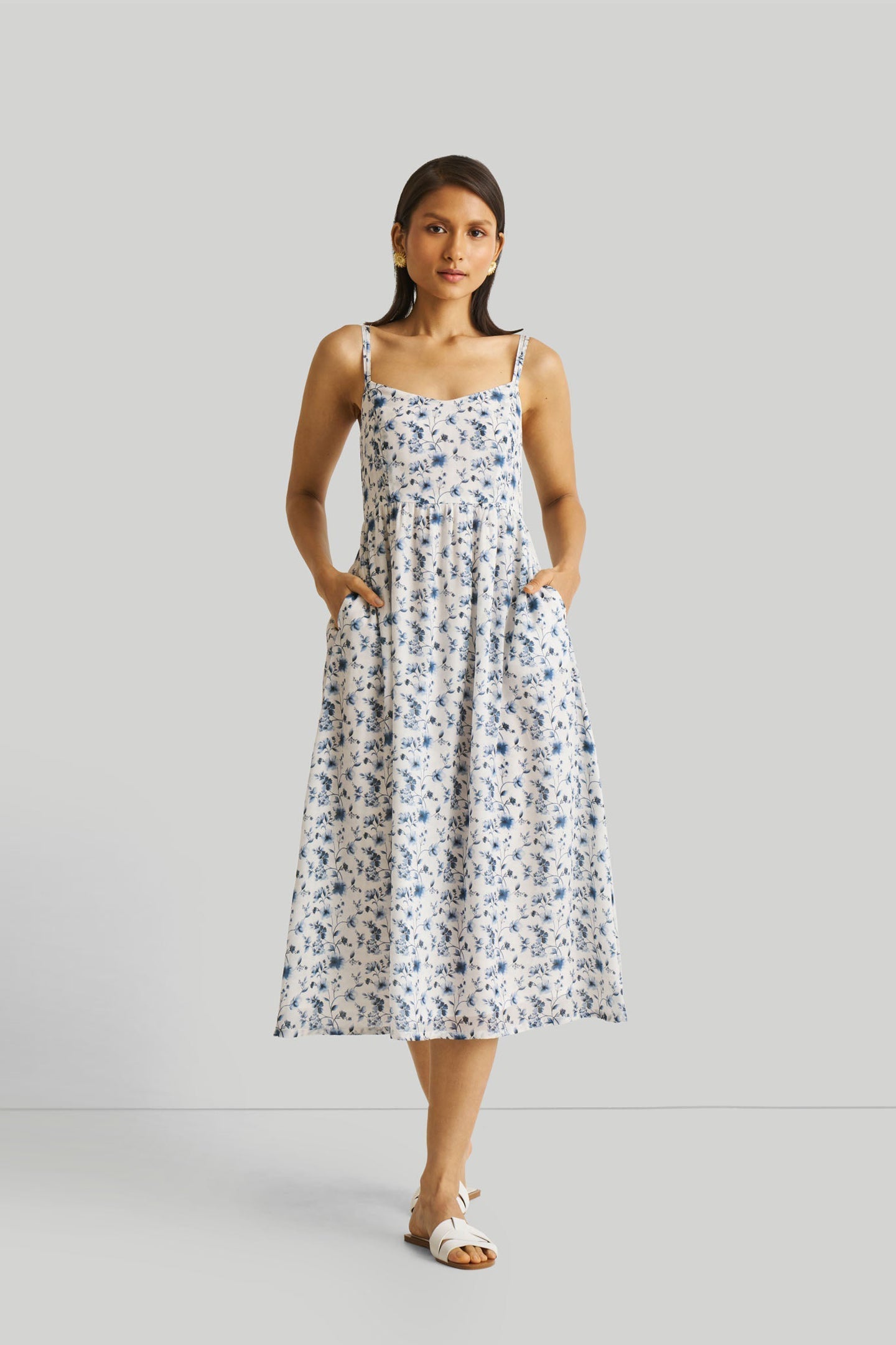 Strappy Gathered Blue Floral Midi Dress | Color: Wisteria Whimsy | Size: 3XL Refurbished - Resistor (Note: This is a generic term for an electronic component, refurbished available on Cerqular