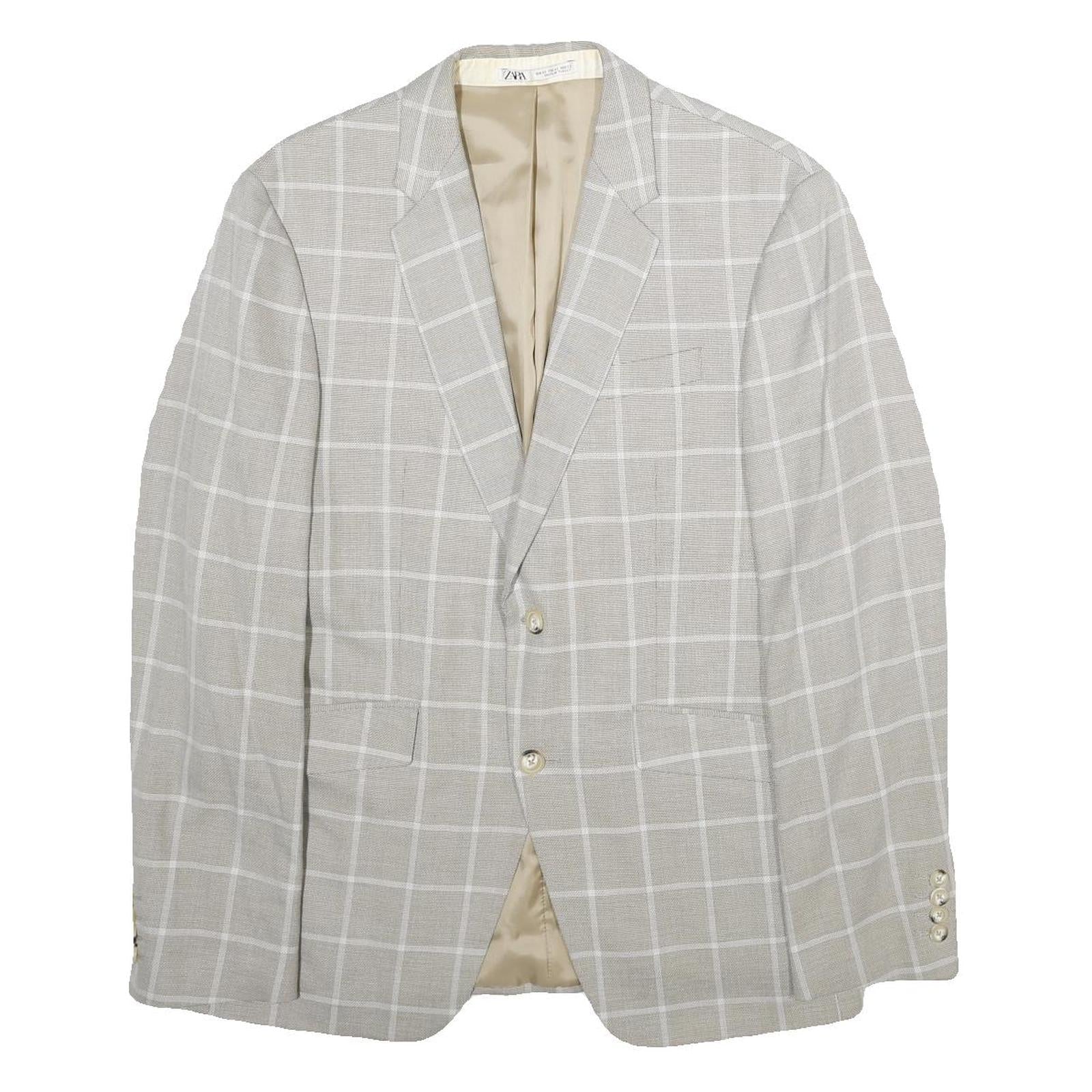 ZARA Mens Beige & White Checked Blazer Jacket L Polyester Blend Button Closure Refurbished - N/A refurbished available on Cerqular