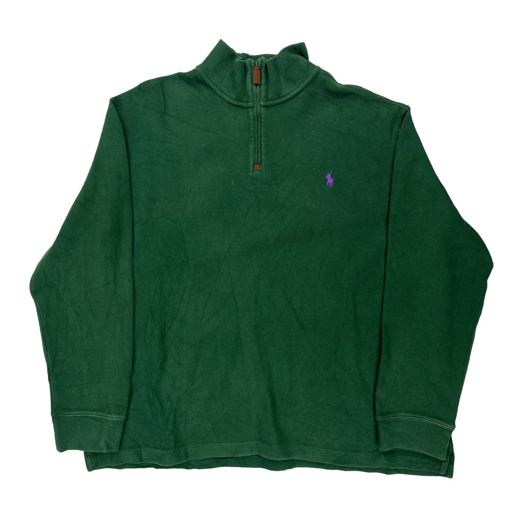 Polo By Ralph Lauren 1/4 Zip - 2XL Green Cotton Refurbished - Thrifted (note: this is a term often used to describe second- refurbished available on Cerqular