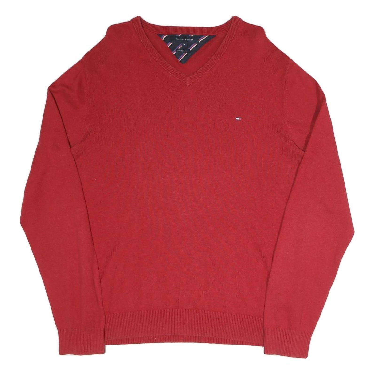TOMMY HILFIGER Mens Red Plain V-Neck Basic Knit Jumper XL Cotton Blend Classic Refurbished - N/A refurbished available on Cerqular