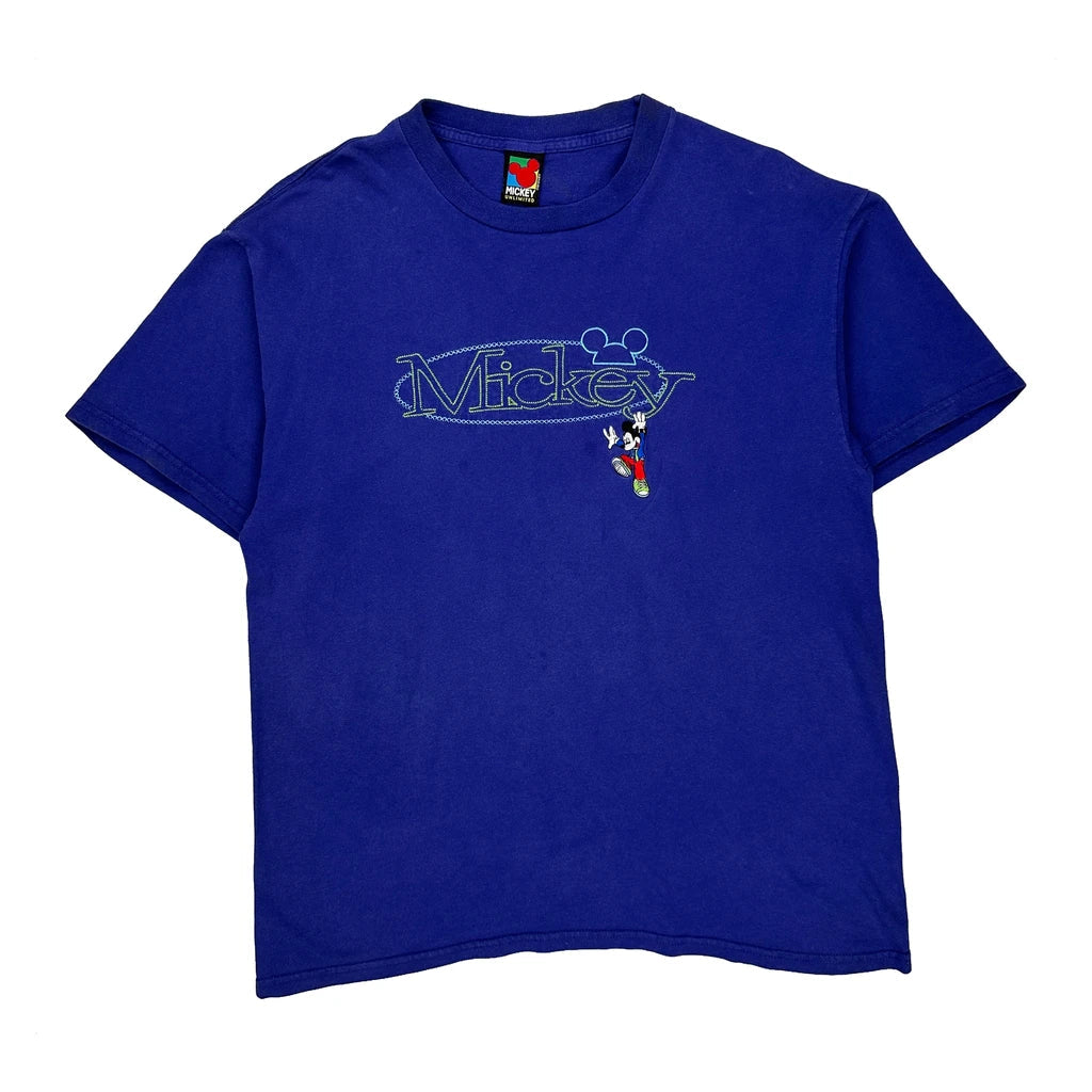 Mickey Mouse Mickey Cartoon T-Shirt - Medium Blue Cotton Refurbished - Thrifted (note: this is a term often used to describe second- refurbished available on Cerqular