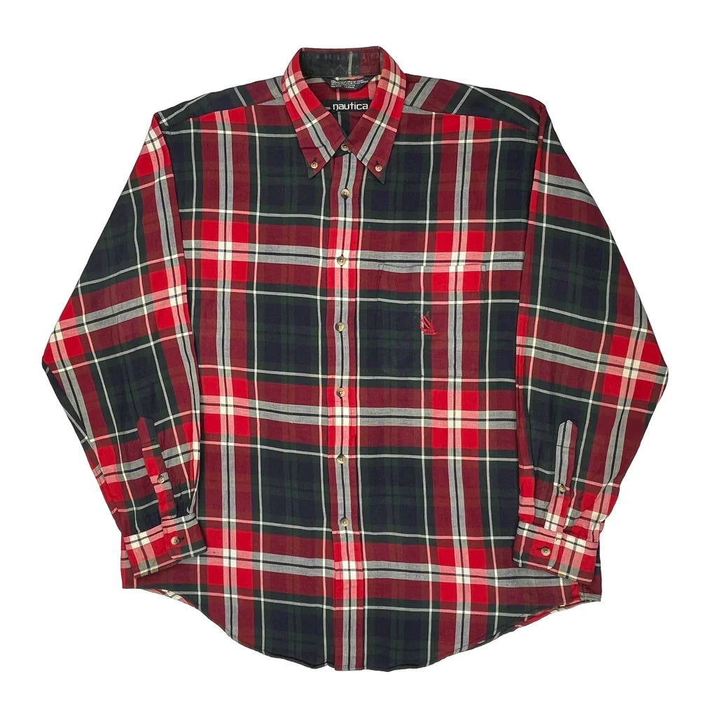 Made In USA Nautica Checked Shirt - Large Red Cotton Refurbished - Thrifted (note: this is a term often used to describe second- refurbished available on Cerqular