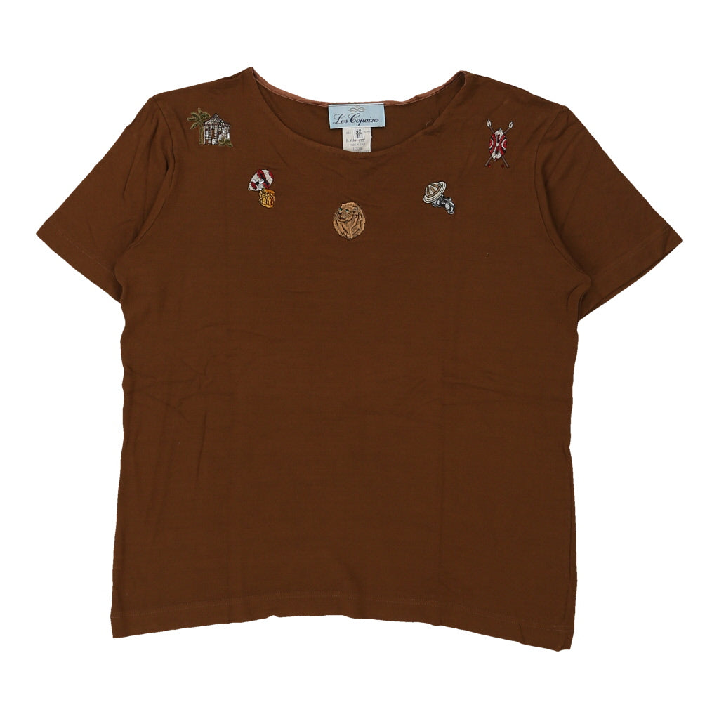 Les Copains Embroidered Top - Medium Brown Cotton | Size: medium Refurbished - N/A (Preloved Designer is not a specific brand, it refurbished available on Cerqular