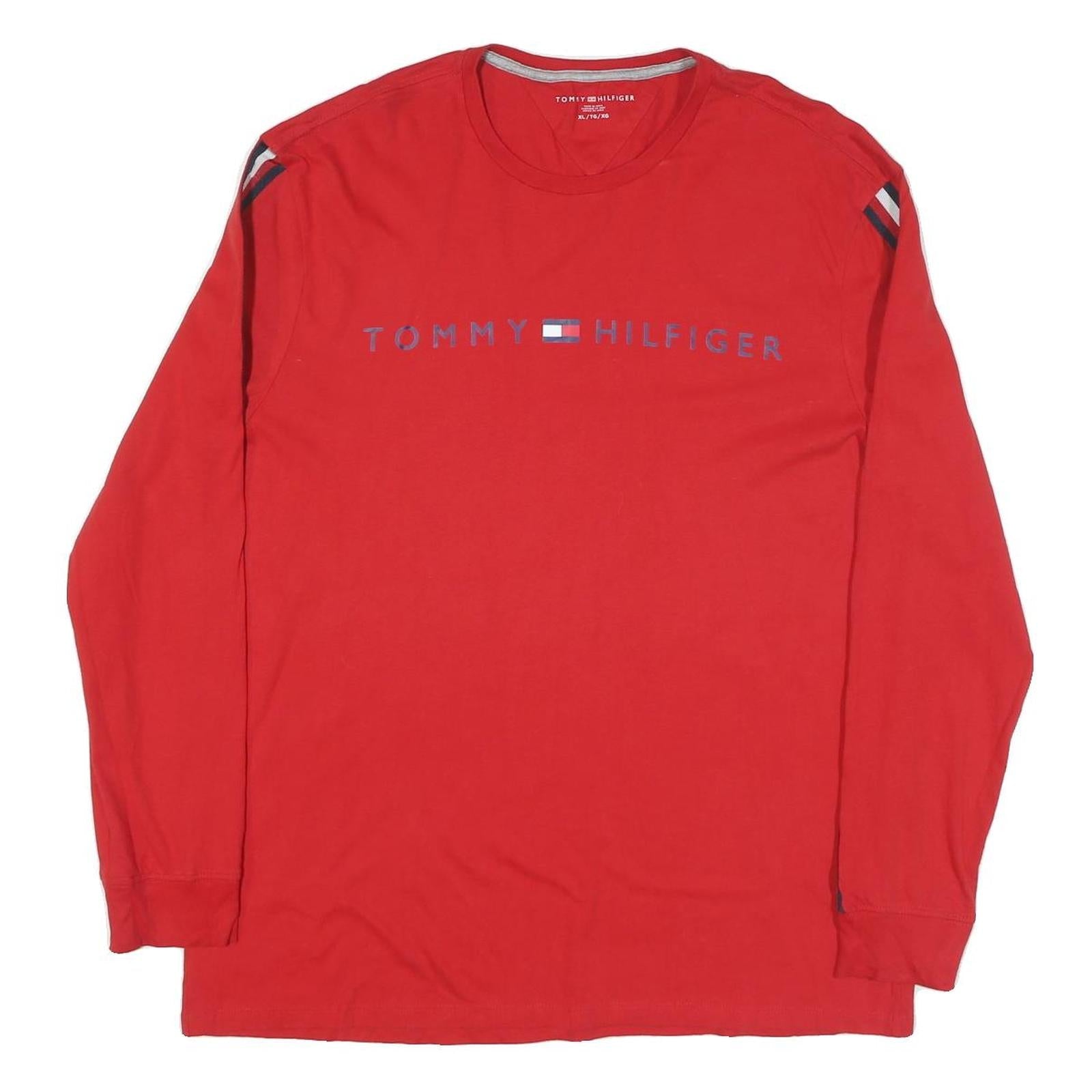 TOMMY HILFIGER Mens Red Long Sleeve Crew Neck XL Cotton Blend T-Shirt Striped Refurbished - N/A refurbished available on Cerqular