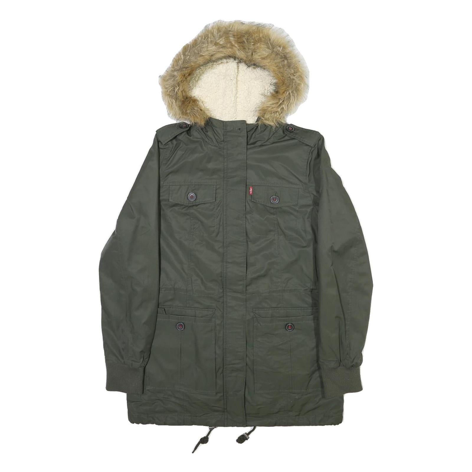 LEVI'S Womens Green Fur Hooded Jacket S Polyester Blend Zip Outdoor Winter Parka Refurbished - N/A refurbished available on Cerqular