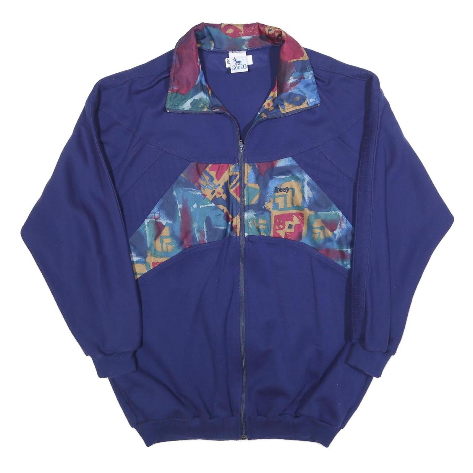 RODEO Mens Blue Abstract Pattern Zip Jacket L Polyester Casual Retro Style Refurbished - N/A refurbished available on Cerqular