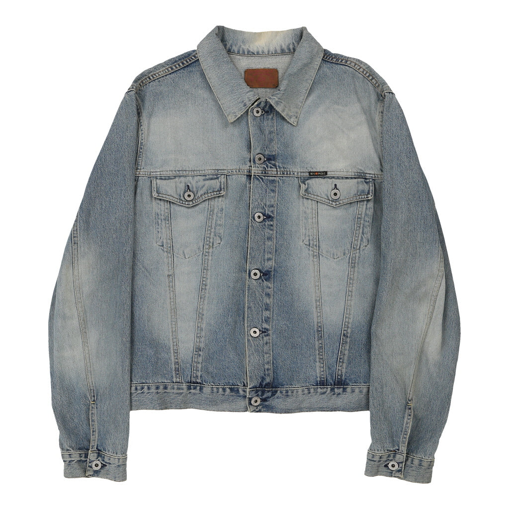 Don't Worry Be Happy Energie Graphic Denim Jacket - XL Blue Cotton Refurbished - Thrifted (note: this is a term often used to describe second- refurbished available on Cerqular