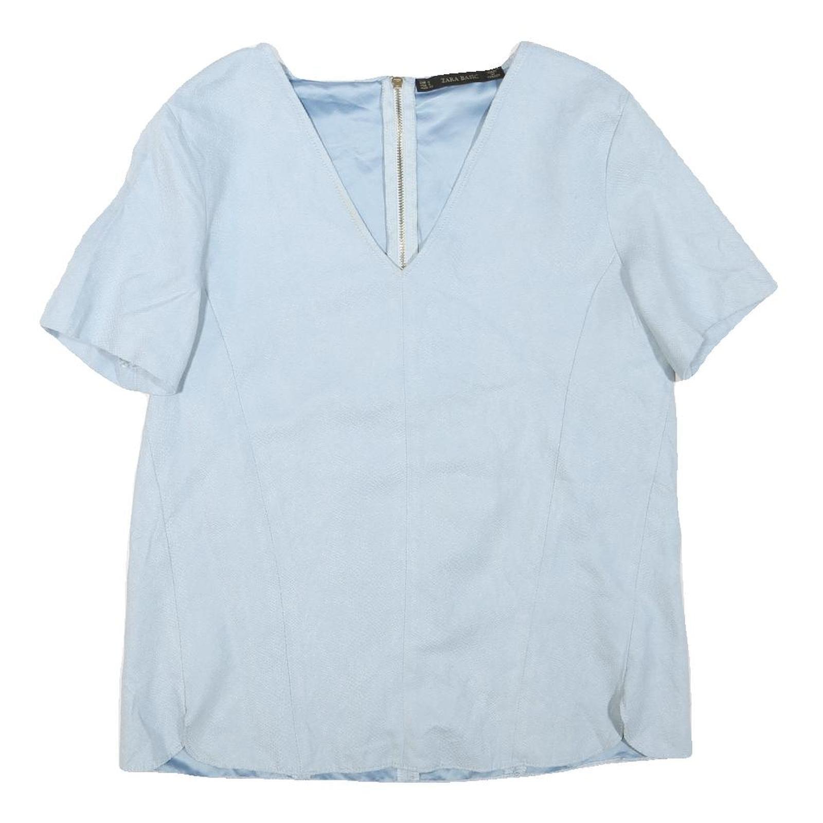 ZARA Womens Blue Basic Top Short Sleeve V-Neck S Lightweight Tailored Zip Refurbished - N/A refurbished available on Cerqular