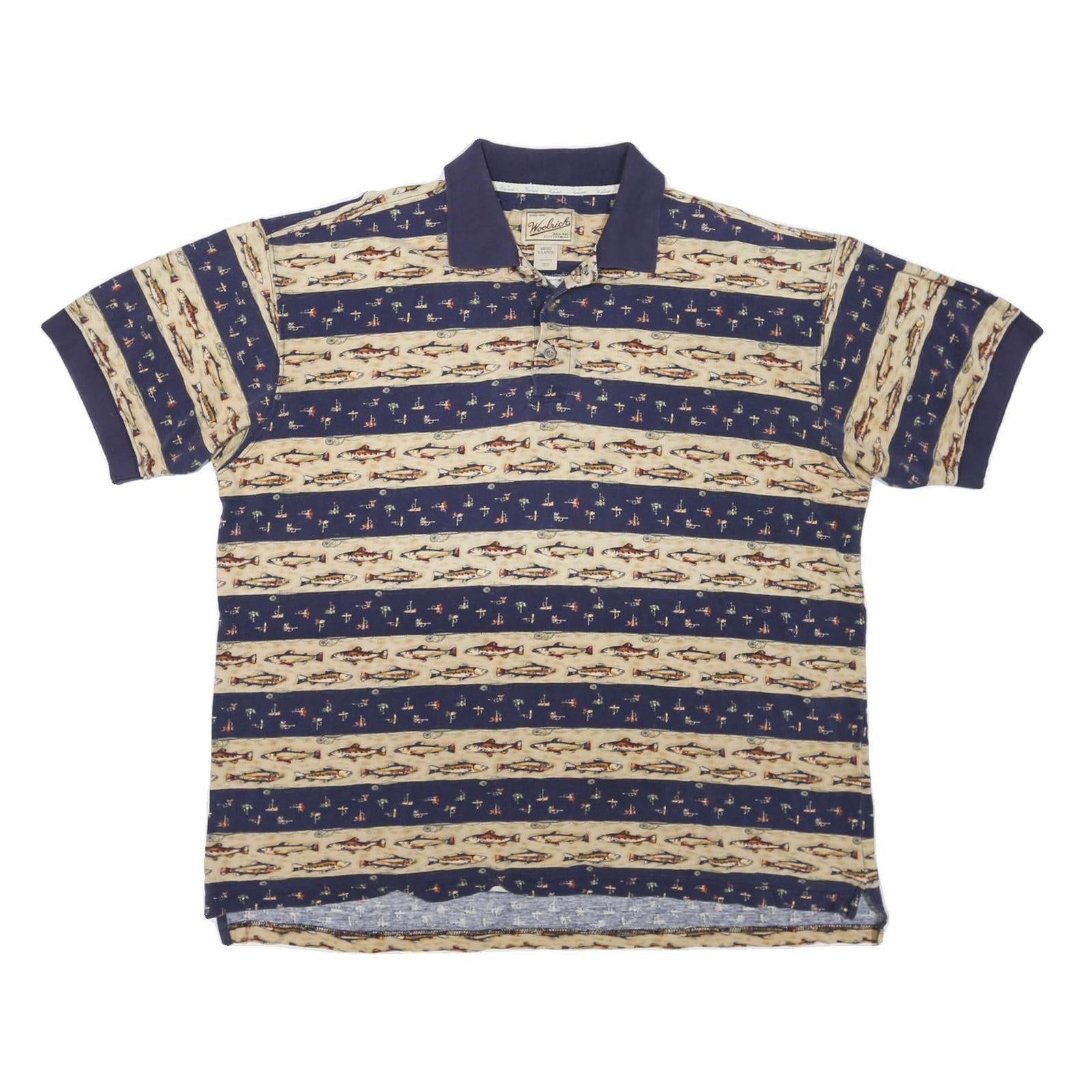 WOOLRICH Mens Navy & Beige Fish Pattern Short Sleeve Polo Shirt XL Casual Cotton Refurbished - N/A refurbished available on Cerqular
