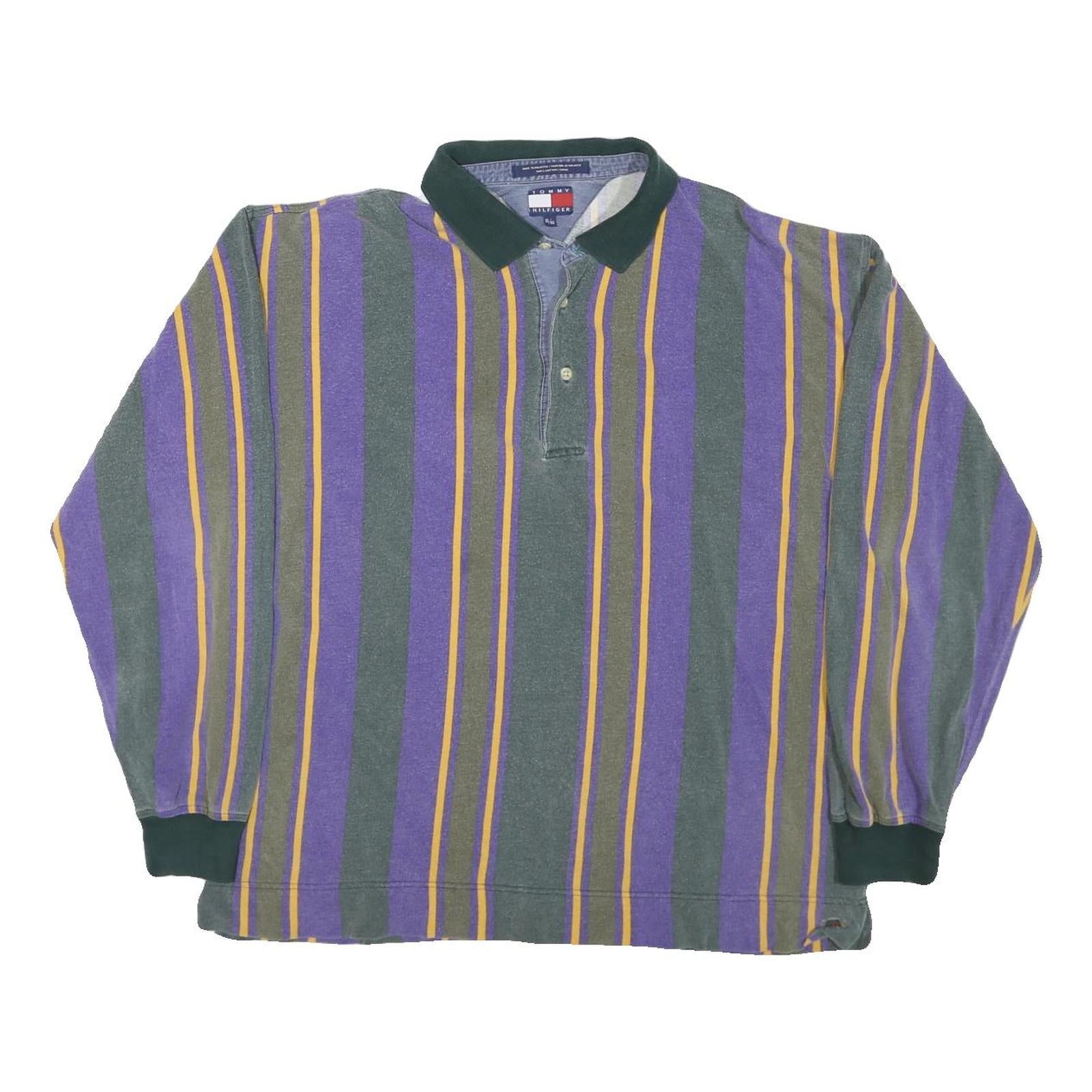 TOMMY HILFIGER Mens Purple & Green Striped Long Sleeve Polo Shirt XL Cotton Refurbished - N/A refurbished available on Cerqular