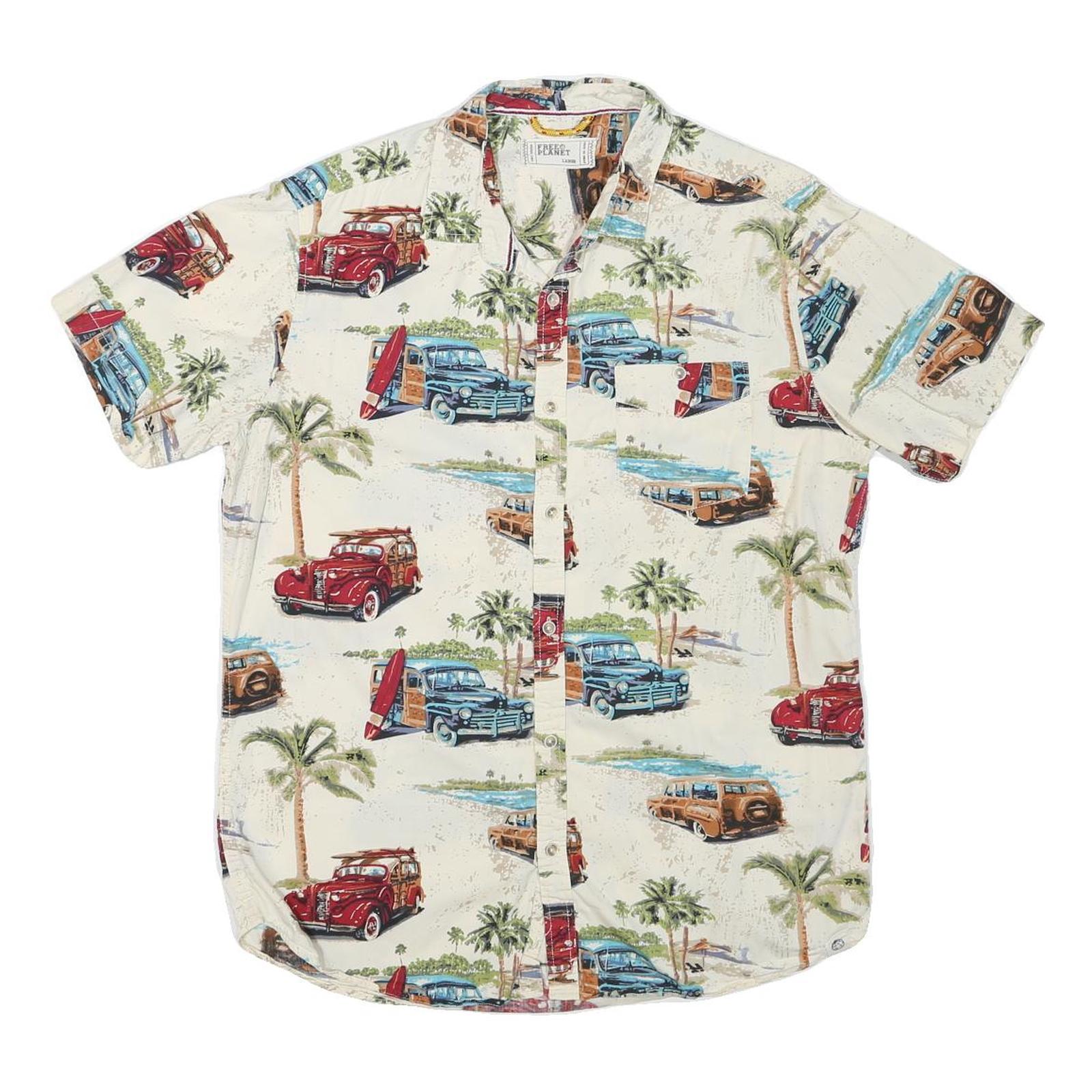 FREE PLANET Mens Cream Classic Cars Print Cotton Blend Shirt L Beach Holiday Refurbished - N/A refurbished available on Cerqular