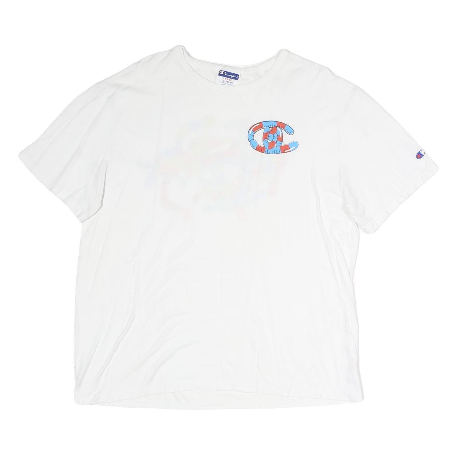 CHAMPION Mens White Graphic T-Shirt L Short Sleeve Crew Neck Cotton Casual Refurbished - N/A refurbished available on Cerqular