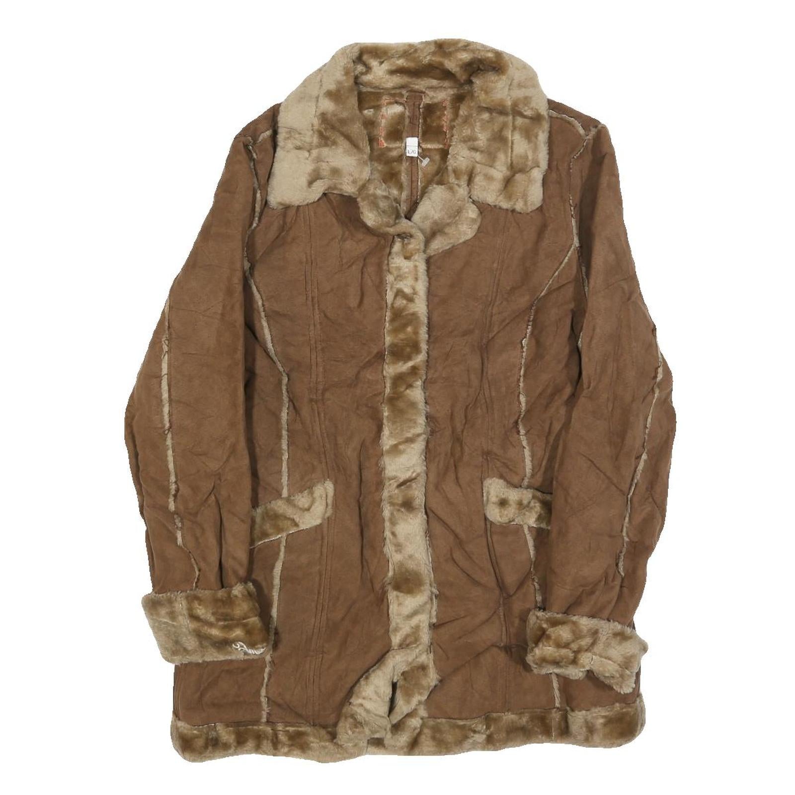GUES Womens Brown Shearling Jacket L Polyester Button Up Faux Fur Trim Refurbished - N/A refurbished available on Cerqular